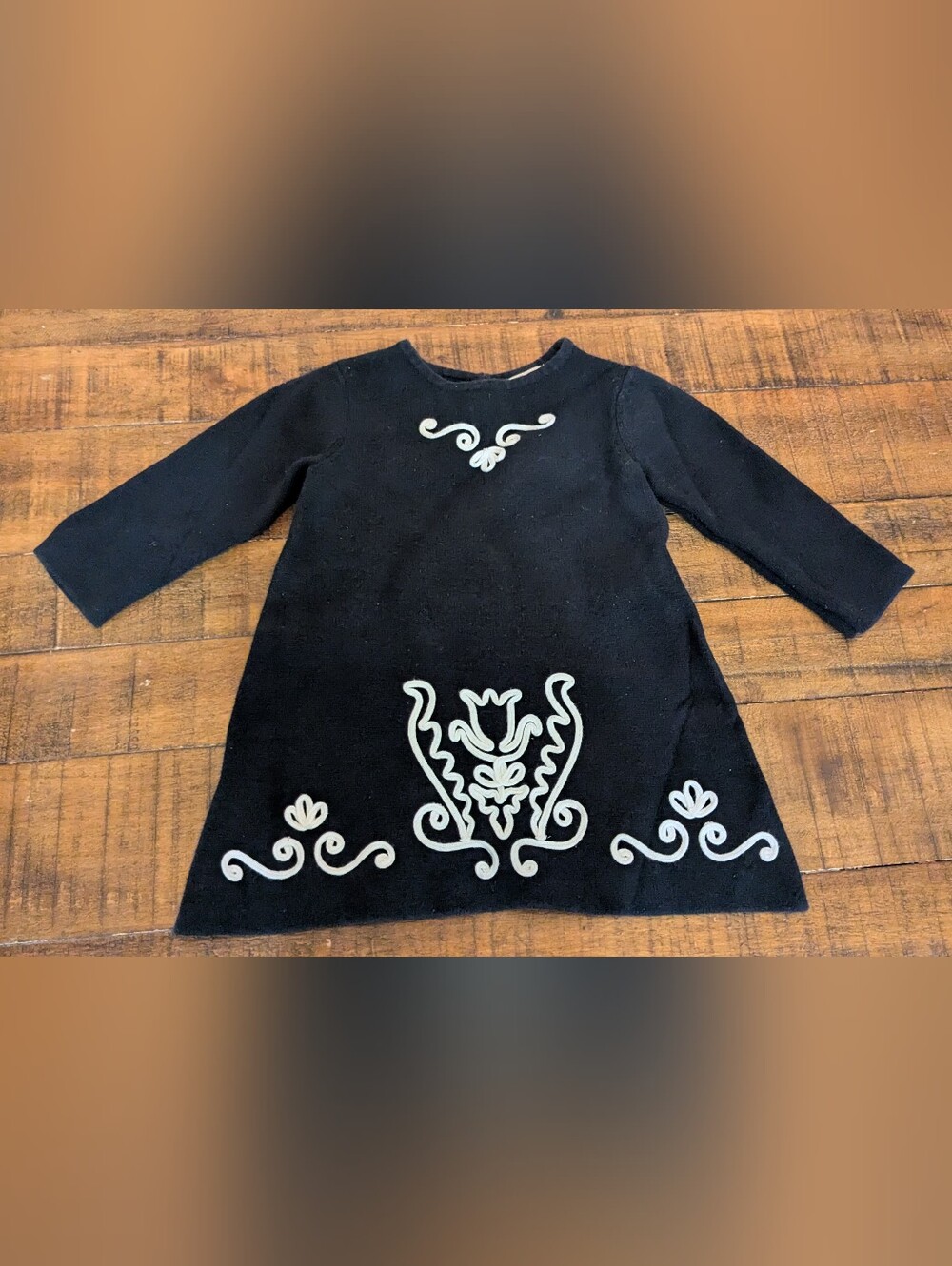 Hanna Andersson Black Sweater Dress with Cream Embroidery, 6-12m